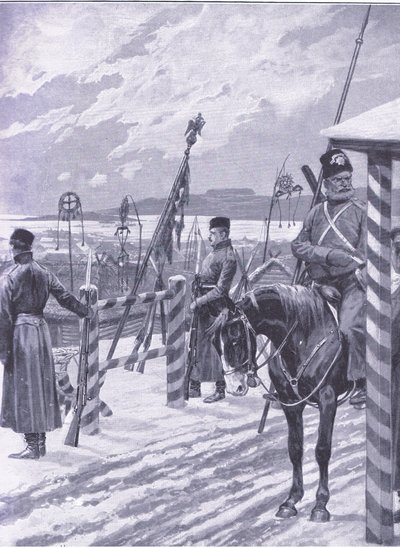 Ein Kosakenlager in der Mandschurei mit Stammeszeichen über den Hütten der Männer, Illustration aus Cassells Geschichte des Russisch-Japanischen Krieges Band 1, ca. 1900 von Richard Caton Woodville