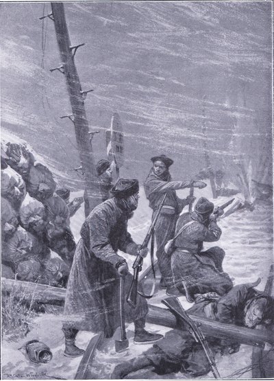 Angriff auf die Eisenbahn durch Chunchuses, Illustration aus Cassells Geschichte des Russisch-Japanischen Krieges Band 1, ca. 1900 von Richard Caton Woodville