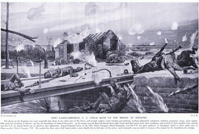Wie Lance Corporal C A Jarvis eine Brücke bei Jemappes in der Nähe von Mons sprengte und das Victoria-Kreuz gewann, August 1914 von Richard Caton Woodville junior