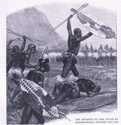 Der Vormarsch der Zulus bei Isandhlwana 22. Januar 1879, Illustration aus Britische Schlachten zu Land und zu Wasser, 1915 von Richard Caton Woodville junior