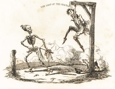 Vignette eines Skeletts und eines Mannes, der an einem Galgen hängt, 1827 von Richard Dagley
