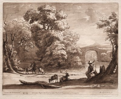 Liber Veritatis: Nr. 39, Eine Landschaft mit Hirten, der Dudelsack spielt, und Ziegen, die weiden, 1774 von Richard Earlom