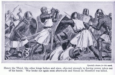 Heinrich III. widersetzte sich vehement, seine Macht aus den Händen zu geben. Es brach Krieg aus und Simon de Monford wurde getötet, ca. 1950 von Richard Henry Brock