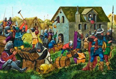 Mittelalterliche Soldaten plündern und brandschatzen von Richard Hook