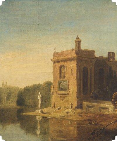 Ein See mit einem Pavillon und einer Statue, Italien von Richard Wilson