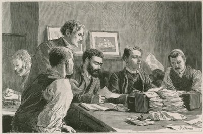 Der große Streik der Hafenarbeiter im East End: Das Finanzkomitee gibt Entlastungsscheine im Wade Arms, Jeremiah Street, Poplar, dem Hauptquartier der Streikenden aus von Robert Barnes