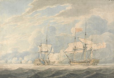 Der niederländische Vizeadmiral unter Admiral De Winter streicht seine Flagge vor dem englischen Vizeadmiral Onslow unter Admiral Duncan in der Schlacht von Camperdown, 11. Oktober 1797 von Robert Cleveley