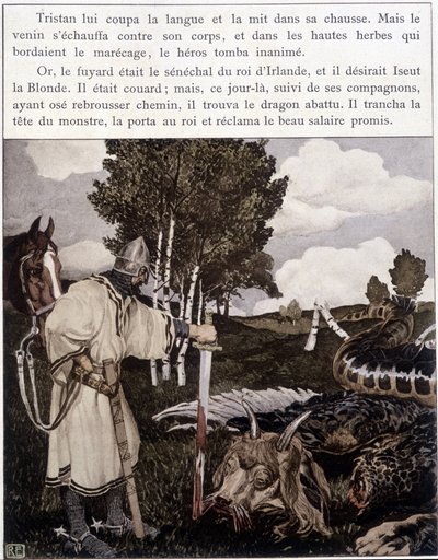 Tristan nahe dem toten Drachen - in „Le Roman de Tristan et Iseult“ von Bédier, ill. von Robert Engels, ed. of Art, Paris von Robert Engels