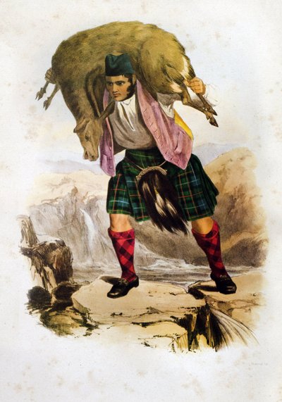 Ein schottischer Clan-Krieger Mac Rae mit einem Schaf auf den Schultern - Robert Ronald McIANs Lithographie aus „The Clans of The Scottish Highlands“ 1845 von Robert Ronald McIan