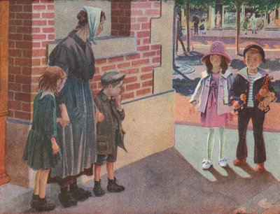 Zwei wohlhabende Kinder treffen auf eine arme Mutter und ihre bettelnden Kinder auf der Straße von Robert Salles