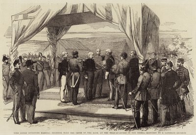 Lord Gough verleiht Marschall Pelissier den Bath-Orden im Hauptquartier auf der Krim von Robert Thomas Landells