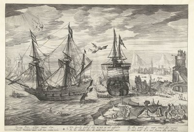 Hafen mit Schiffen, in der Luft der Sturz des Ikarus von Robert de Baudous