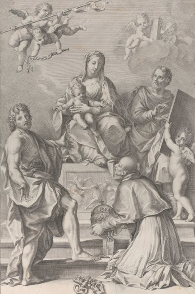 Madonna und Kind mit Johannes dem Täufer, Lukas, Papst Peter Celestini, 1694 von Robert van Audenaerde