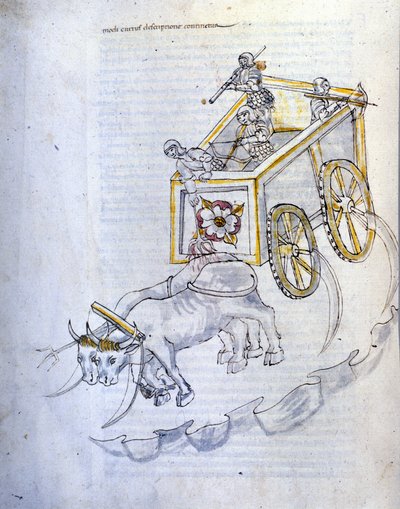 Kunst des Krieges: Studie über militärische Maschinen. Sturmwagen mit Sicheln, Illustration aus 