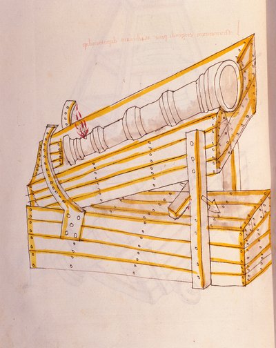 Kunst des Krieges: Studie über militärische Maschinen. Kanonenstellung mit einem Hebesystem, Illustration aus 