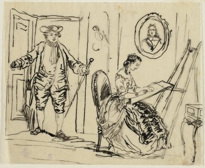 Innenraum mit Mann und Frau in Kleidung des 18. Jahrhunderts von Rodolphe Bresdin