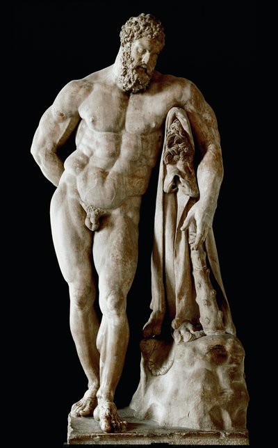 Herkules Farnese Kolossale Skulptur von Glykon-Marmor aus den Thermen des Caracalla in Rom nach einem griechischen Original von Lysippos von Sikyon, Dim. 3,17 m, 3. Jahrhundert n. Chr. - Archäologisches Museum von Neapel - Der Farnesische Herkules - Marmor von Roman