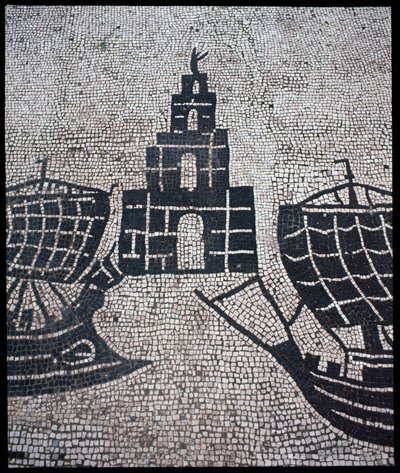Römische Kunst: „Leuchtturm und Schiffe“ Mosaik der Corporation des gens de la mer, Place des Corporations. von Roman