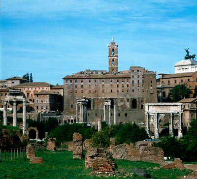 Römisches Forum: Panoramablick mit dem Tabularium im Hintergrund (79 v. Chr.). Rom von Roman