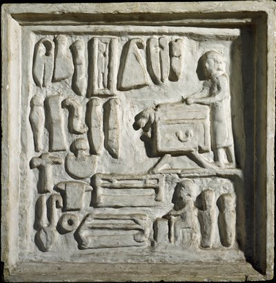 Römische Kunst: Innenraum eines Gebäudes oder einer Werkstatt mit verschiedenen Werkzeugen. Flachrelief. 1. Jahrhundert n. Chr. Rom, Museo della Civiltà Romana von Roman
