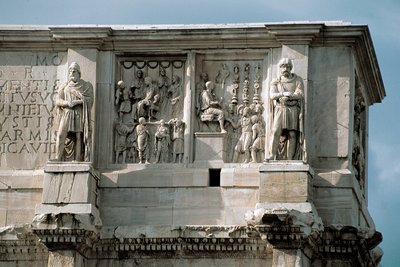 Römische Kunst: Reliefdarstellung der Verteilung von Subventionen und der Kapitulation eines barbarischen Anführers von Roman