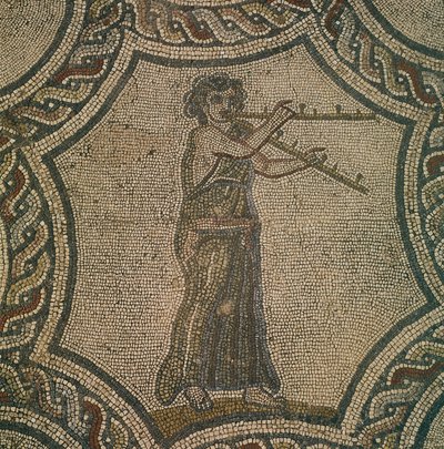 Mosaik, das eine Flötenspielerin darstellt, aus dem Haus des Dionysos, in Volubilis, Marokko, Römische Zivilisation von Roman Roman