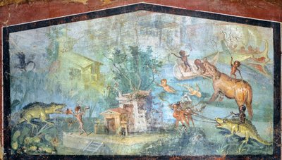 Malerei auf Putz, die eine nilotische Szene mit Pygmäen zeigt, die Krokodile und Nilpferde angreifen, 75x127 cm, aus Pompeji (UNESCO-Welterbeliste) von Roman Roman