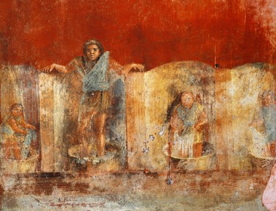 Säulenfresko, das die Wollherstellung darstellt, aus Pompeji, Fullonica von Veranio Ipseo von Roman Roman