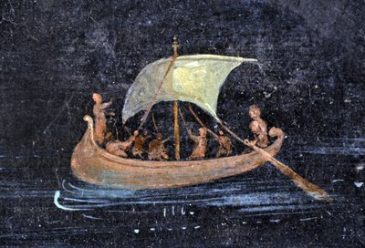 Römische Kunst: Flussszene - Boot und Matrosen auf einem Fluss - Fragment eines Pompeji-Freskos im Archäologischen Museum von Neapel, Italien von Roman Roman