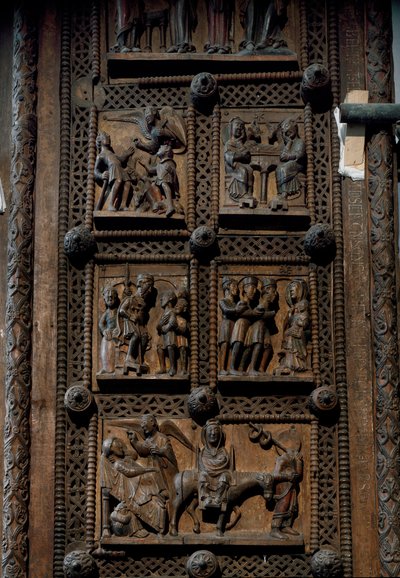 Romanische Kunst: Holztür aus der Mitte des 12. Jahrhunderts der Kirche St. Maria im Kapitol in Köln, Deutschland (Sankt Maria im Kapitol, Köln). Szenen, die die Verkündigung an die Hirten, die Geburt, die Anbetung der Weisen und die Flucht nach Ägypten da von Romanesque