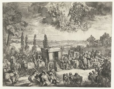 Karl II. von Spanien kniend bei einer Kutsche von Romeyn de Hooghe