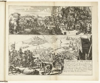 Zwei Darstellungen der Belagerung von Antwerpen durch den Herzog von Parma, 1584-1585 (Serie: Kriege in Flandern) von Romeyn de Hooghe
