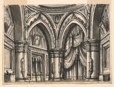 Bühnenbild, Innenraum einer hochgotischen Halle mit Spitzbögen von Romolo Achille Liverani