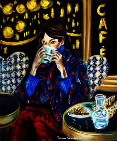 Frau auf einer Pariser Terrasse, 2025 von Ruslana Levandovska