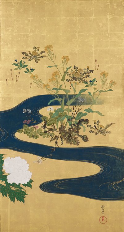 Blühende Pflanzen der vier Jahreszeiten und ein Bach von Sakai Hoitsu