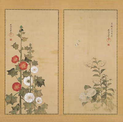 Lilien mit Hortensien und Stockrosen von Sakai Hoitsu