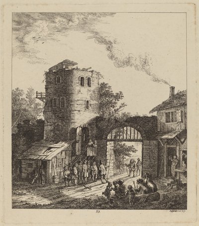 Dorfbewohner an einem Stadttor begrüßen einen Würdenträger von Salomon Gessner