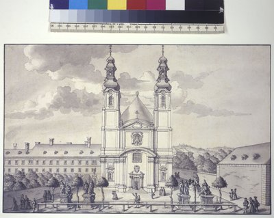 Vollseite: Vorderansicht der Servitenkirche im Vorort Rossau von Salomon Kleiner