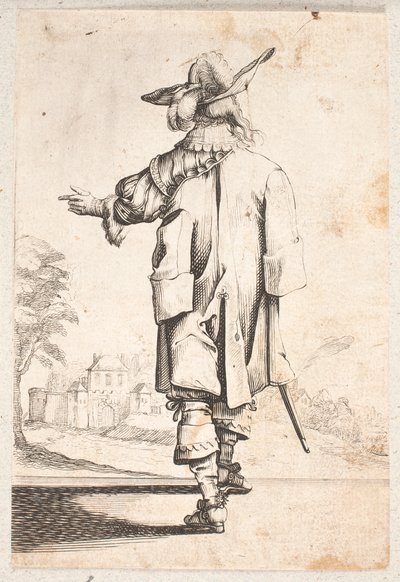Kavalier von hinten gesehen: Gestikuliert mit der linken Hand. Trägt Umhang und Federhut. Umfriedete Stadt und Tor im Hintergrund von Salomon Savery
