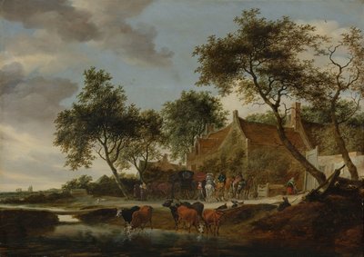 Landschaft mit Reisenden vor einem Gasthof in der Nähe eines Wasserplatzes von Salomon van Ruisdael or Ruysdael