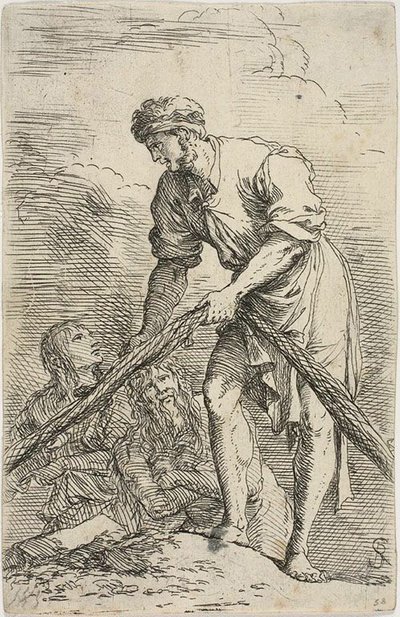 Ein Mann zieht ein Netz, mit zwei Figuren hinter ihm, aus der Figurinen-Serie von Salvator Rosa