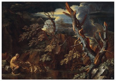Eine felsige bewaldete Landschaft mit Jakob, der Labans Herde tränkt, um 1615-73 von Salvator Rosa