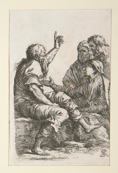 Ein alter Mann spricht mit drei Männern von Salvator Rosa