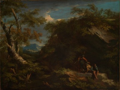 Bergige Waldlandschaft mit rastenden Kriegern von Salvator Rosa