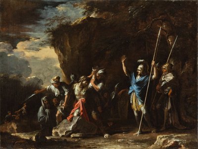 Szene aus der griechischen Geschichte: Der taubstumme Sohn von König Krösus verhindert, dass die Perser seinen Vater töten von Salvator Rosa