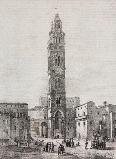 Glockenturm der Kathedrale von Gaeta, Latium, Italien, Lithografie von Salvatore Puglia nach einer Zeichnung von Pasquale Mattei (1813-1879), aus Poliorama Pittoresco, Nr. 48, 6. Juli von Salvatore Puglia