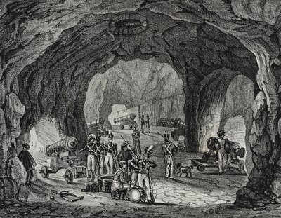 Höhle in der Nähe des Felsens von Gibraltar, Spanien, Lithographie von Salvatore Puglia von Salvatore Puglia