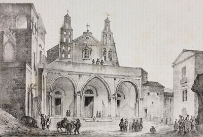 Fassade der Kathedrale von Sessa Aurunca, Kampanien, Italien, Lithographie von Salvatore Puglia nach einer Zeichnung von Pasquale Mattei aus Poliorama Pittoresco, Nr. 42, 24. Mai von Salvatore Puglia