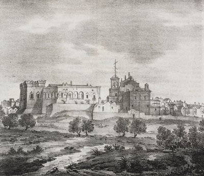Westansicht von Mesagne, Apulien, Italien, Lithographie von Salvatore Puglia aus Poliorama Pittoresco, Nr. 47, 29. Juni von Salvatore Puglia
