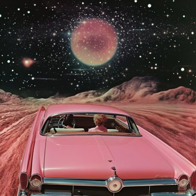 Rosa Auto im kosmischen Antrieb von Samantha Hearn